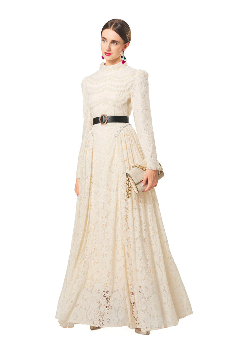 Plus Size Women Romantic Dress, Pearl Lace Floral Ruffle Crew Neck Cow Horn Shoulder Belted Long Sleeve Swing Dress