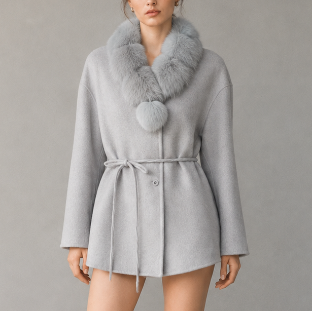 2026 Autumn/Winter Women's Wool Coat, Solid Color Mid-Length Belted Coat with Cashmere Fur, Breathable Loose Outerwear F8917