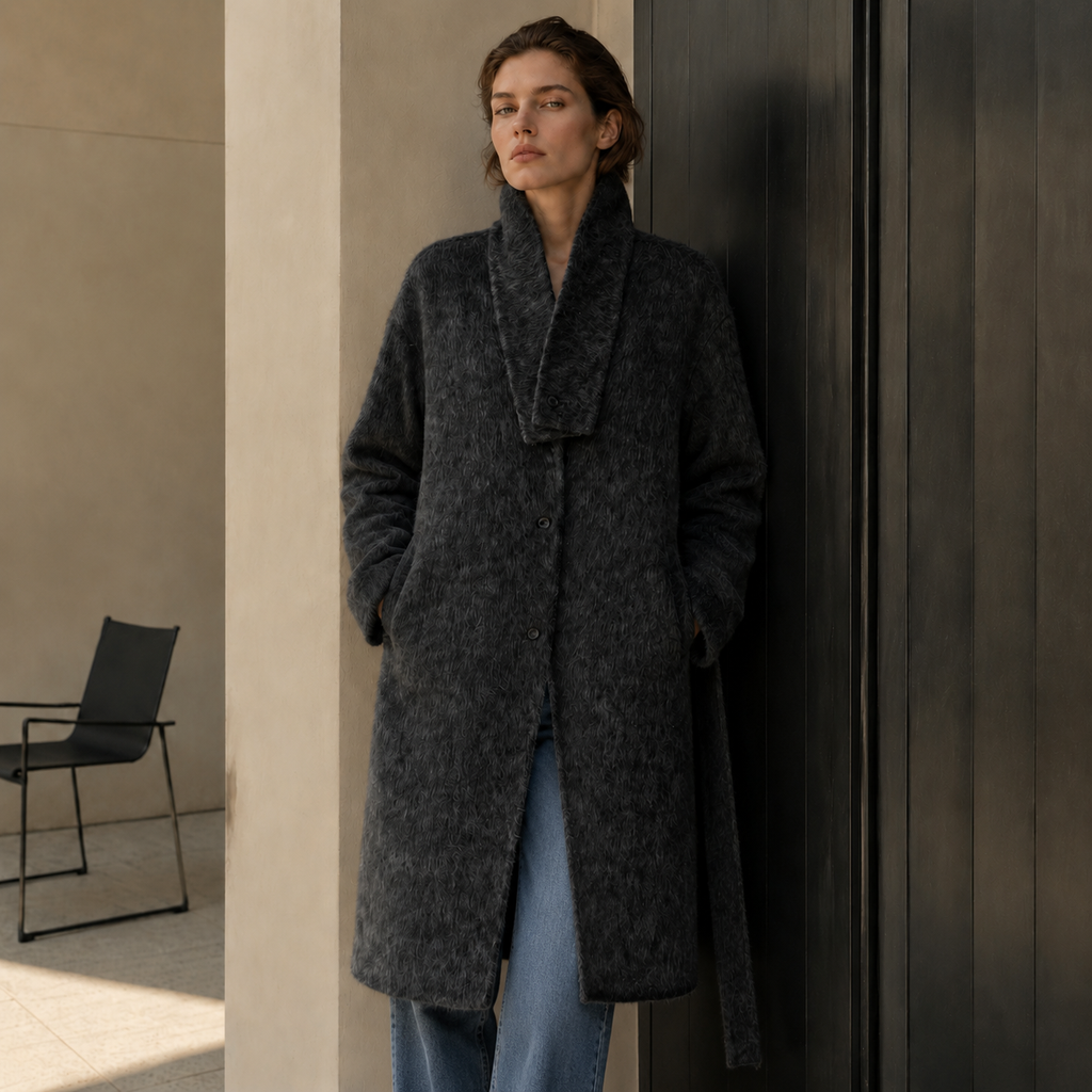 Women Single Button Long Overcoat Charcoal High Street Elegant Winter Fashion Coat with Scarf Wool Down Filled GC0027