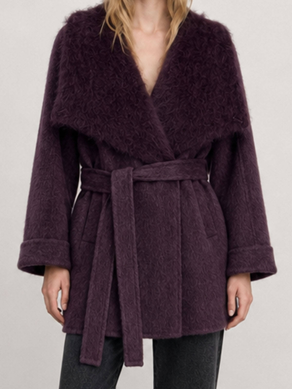 Women's Korean-Style Tweed Wool & Blends Overcoat with Winter Fox-Fur Collar and Belt Minimalist Design H2686