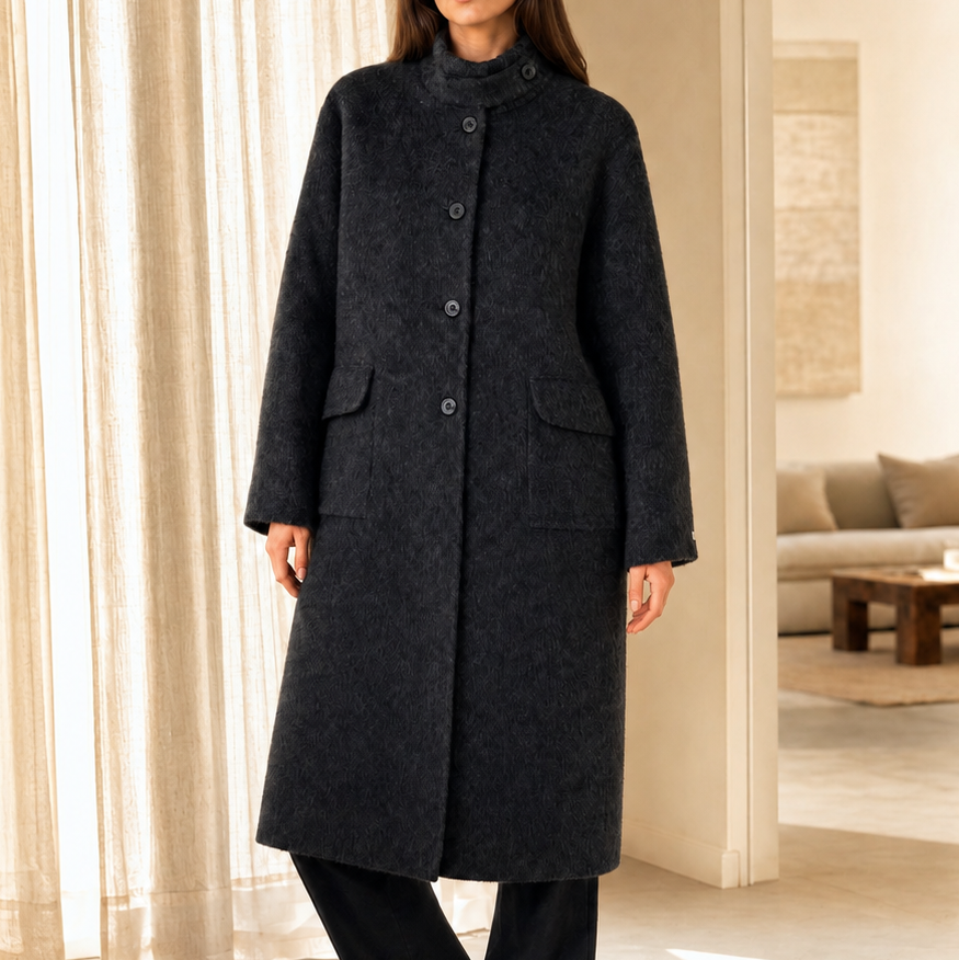 Women's Luxury Woven Wool Overcoat Long Stand Collar Cashmere Lining Thick Warm Winter Coat 835