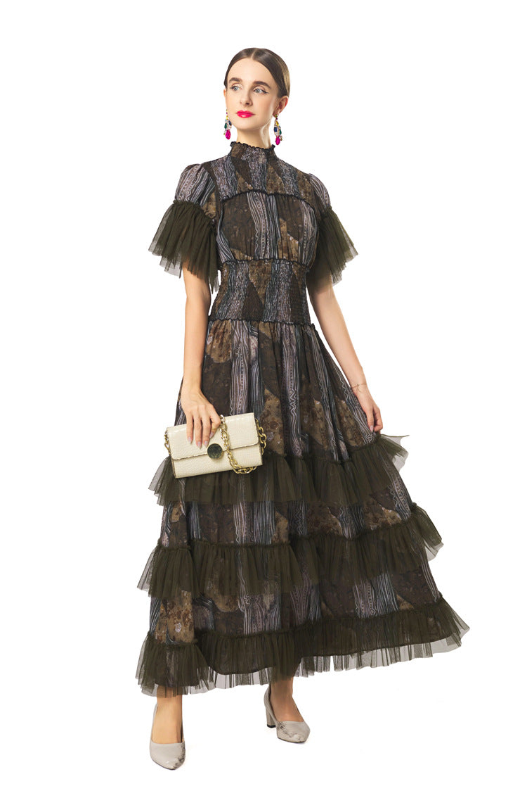 Plus Size Women Elegant Luxury Dress, Splice Mesh Stand Collar Waist Cinched Multi‑Layer Cake Skirt