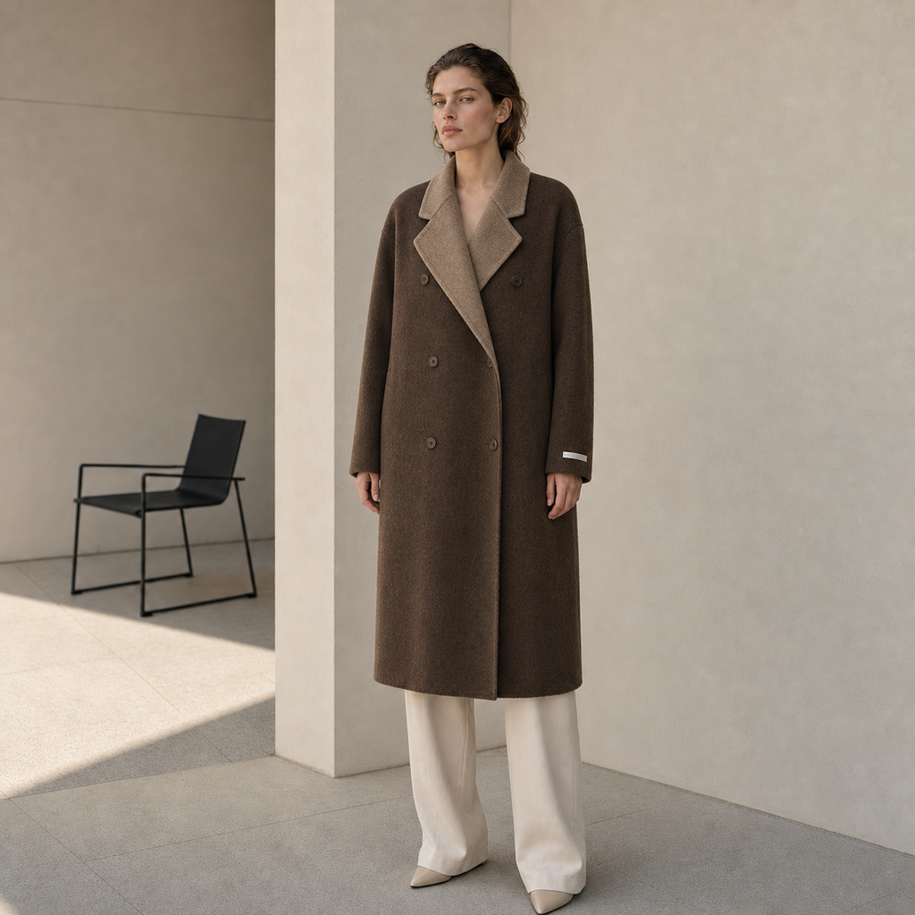 Winter Long Casual Vintage Breathable Cashmere Trench Coat Turn-Down Collar Double Breasted Woolen Closure with Scarf GC0030