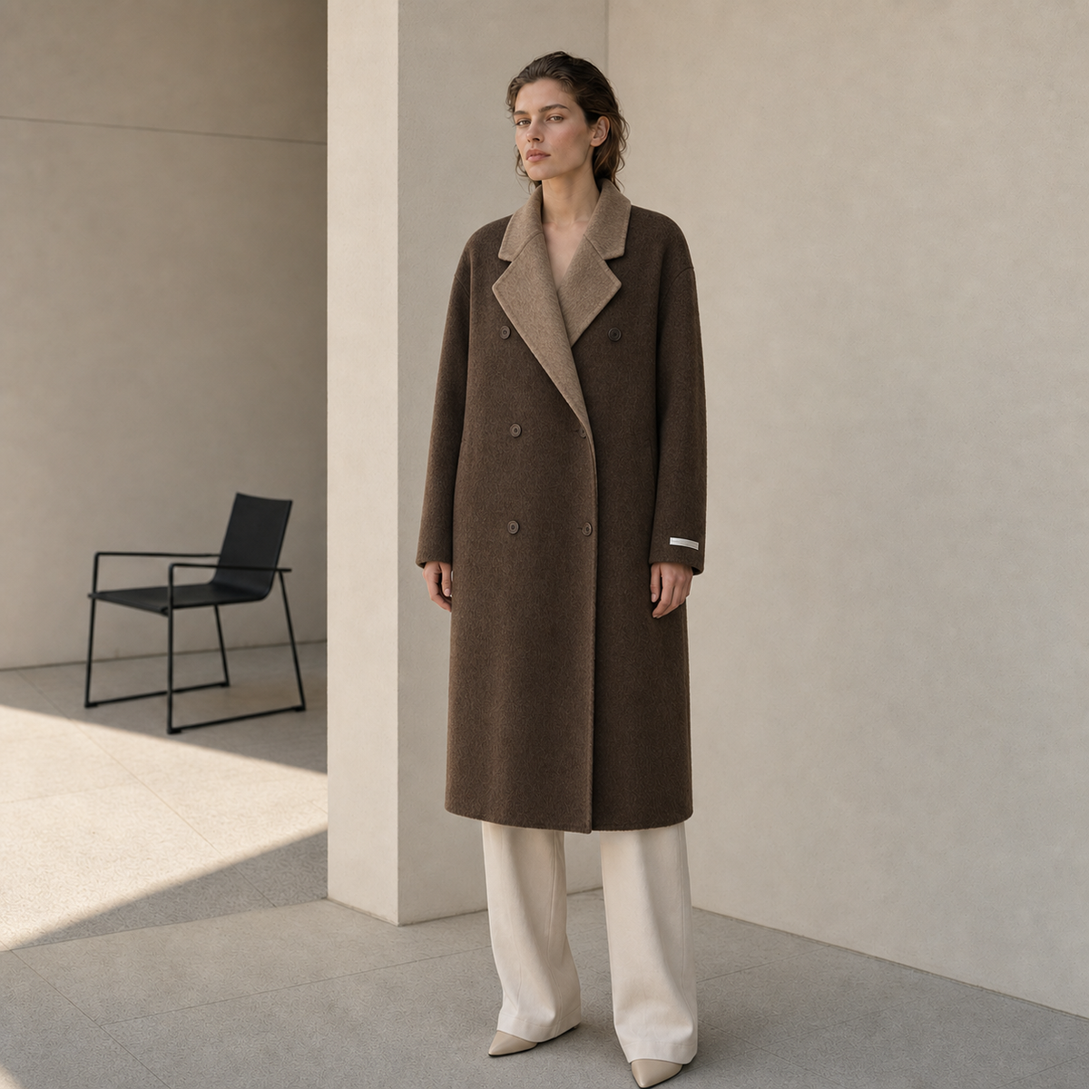 Winter Long Casual Vintage Breathable Cashmere Trench Coat Turn-Down Collar Double Breasted Woolen Closure with Scarf GC0030