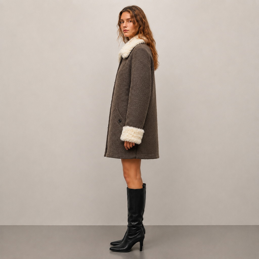 Women's Autumn Mid-Length Wool Coat with Shearling Collar, Reversible Double-Faced Wool Jacket J2613