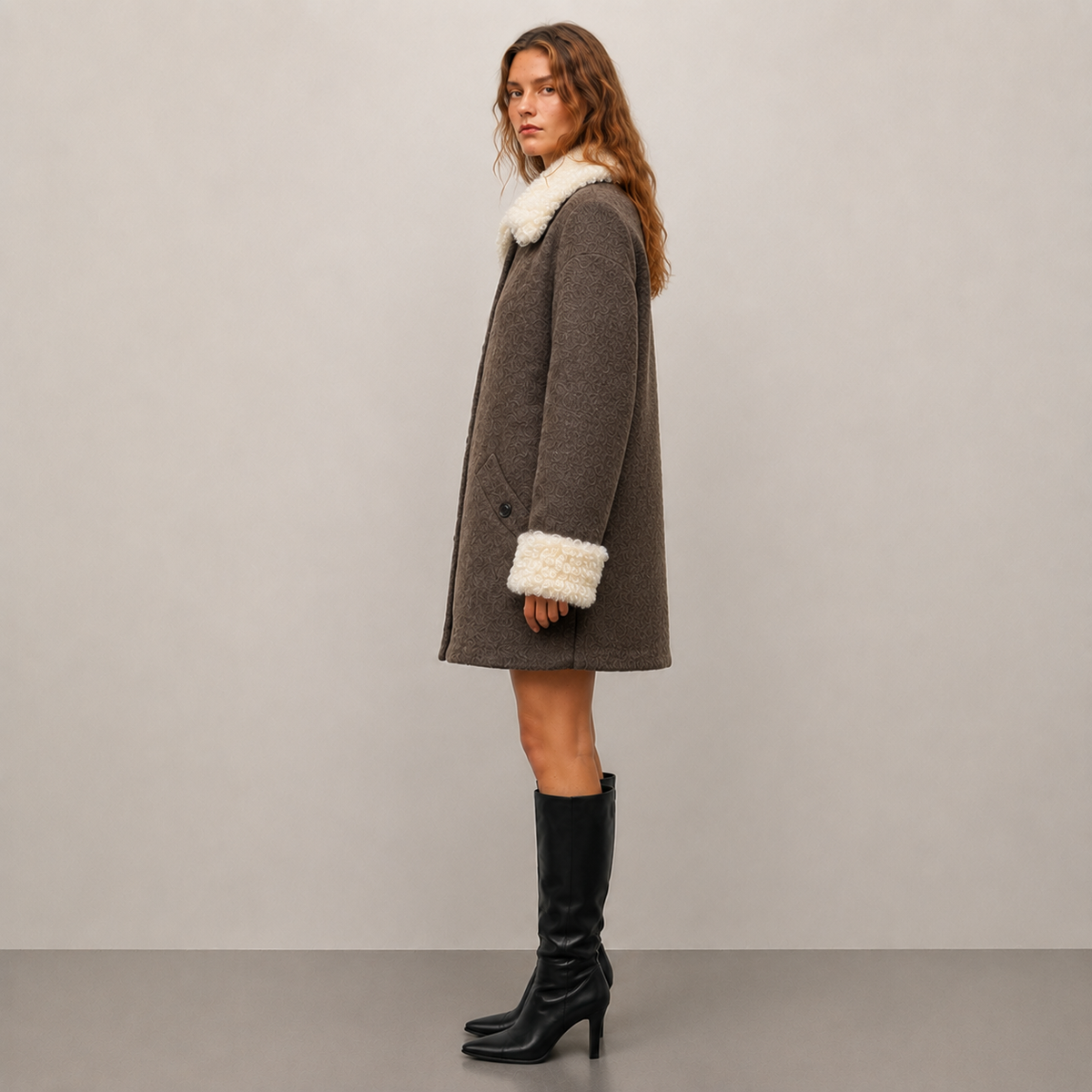 Women's Autumn Mid-Length Wool Coat with Shearling Collar, Reversible Double-Faced Wool Jacket J2613