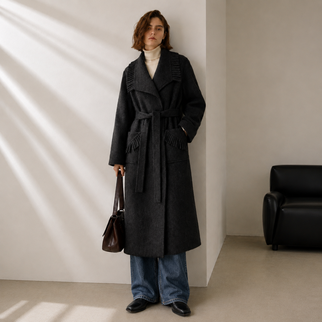 Women's Belted Cashmere Wool Blend Long Coat with Pleated Detail Elegant Winter Overcoat Hand Sewn GC0007