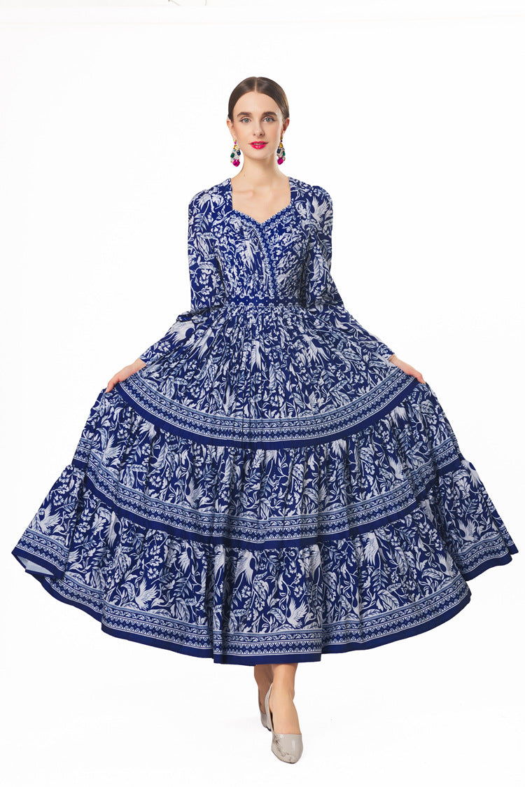 Plus Size 2026 New New Chinese Style Dress, Chinese Porcelain Print French Collar Scarf‑Neck Belted Pleated Women Dress