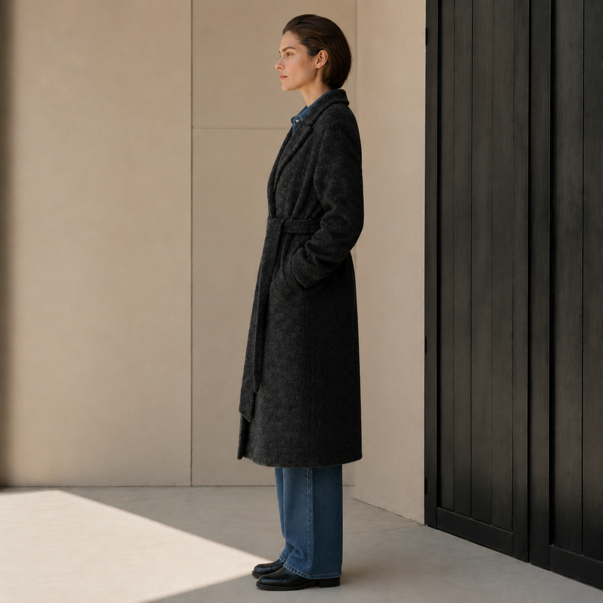 Women's Elegant Charcoal Belted Woolen Eco-Friendly High Street Regular Down Overcoat Turn-down Collar Winter Outerwear GC0012
