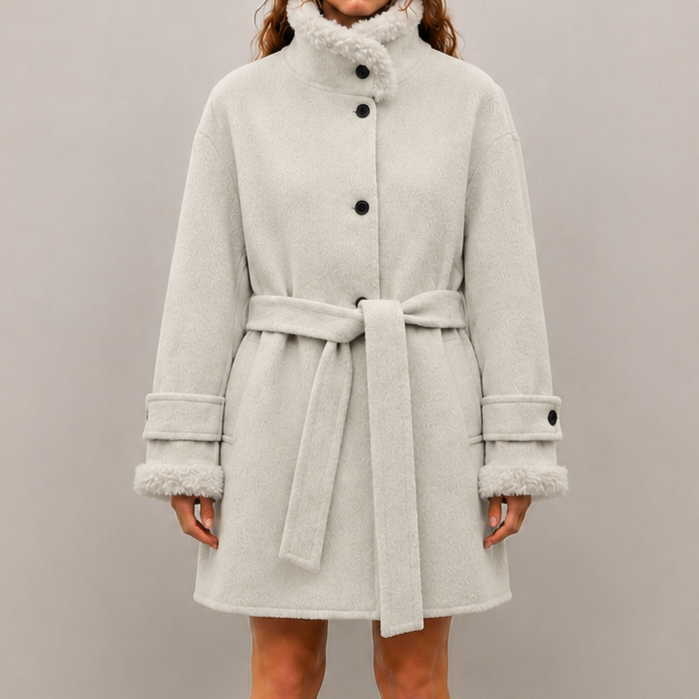 Women's Wool Woven Coat with Belt Closure Breathable Stand Collar Midi Length Casual Winter Designer Clothing H2751