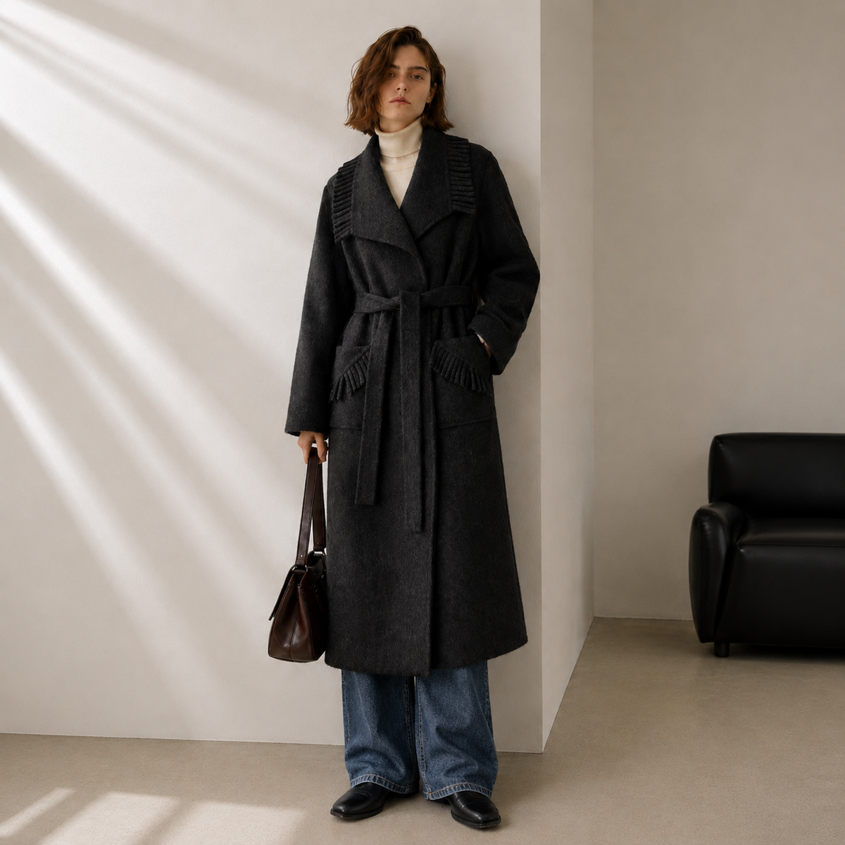Women's Belted Cashmere Wool Blend Long Coat with Pleated Detail Elegant Winter Overcoat Hand Sewn GC0007