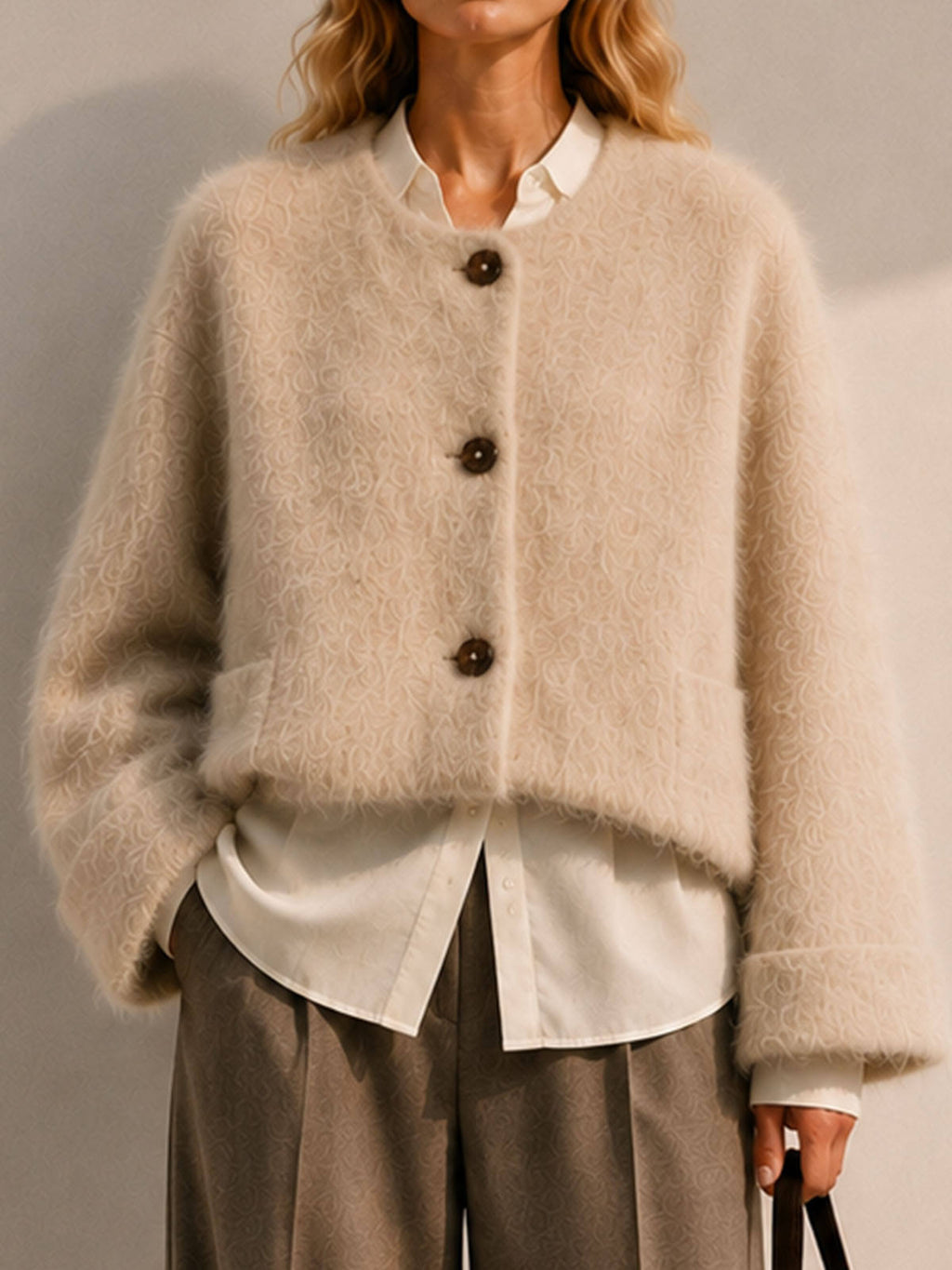 Women's Brushed Wool Cashmere Blend Elegant Single Breasted Button Collarless Winter Jacket Soft Hairy Texture GC0037