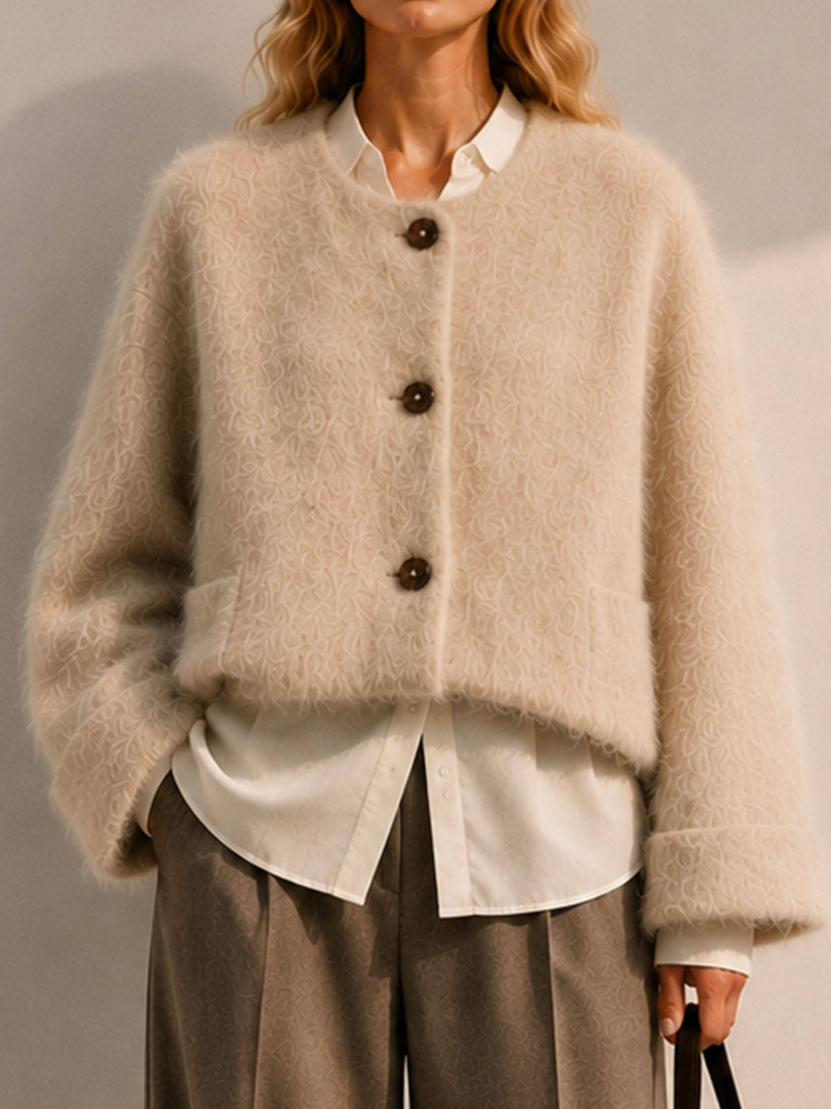 Women's Brushed Wool Cashmere Blend Elegant Single Breasted Button Collarless Winter Jacket Soft Hairy Texture GC0037