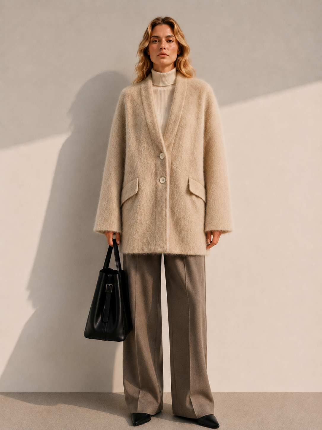 High-twist Wool Womens Single-face Fleece Coat Winter Casual Handcrafted V-neck Fashionable Versatile Solid Color Button Closure GC0036