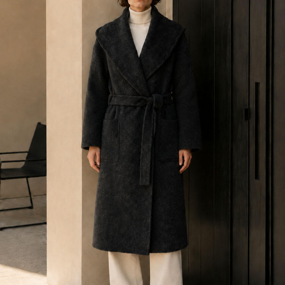 Elegant Woolen Cashmere Women's Thick Woven Full Sleeve Hooded Collar Trench Coat with Belt Warming Design for Winter Long GC0014