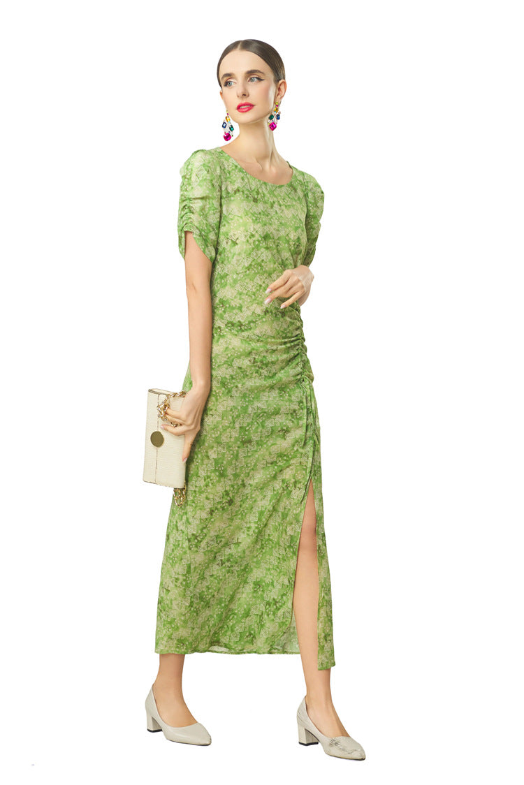 Plus Size 2026 Summer French Fresh Dress, Green Print Crew Neck Short Sleeve Waist Ruched Slit Hem Women Dress