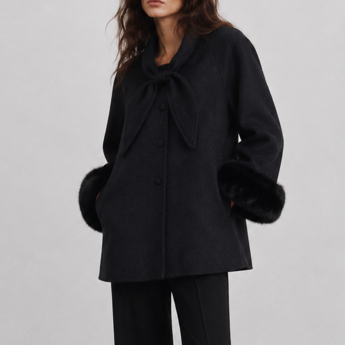 Sweet Ladies Fox Fur Cuff Woven Coat with Bowtie & Button Detail Wool Blend for Spring Autumn Fashion Korean Style L26152