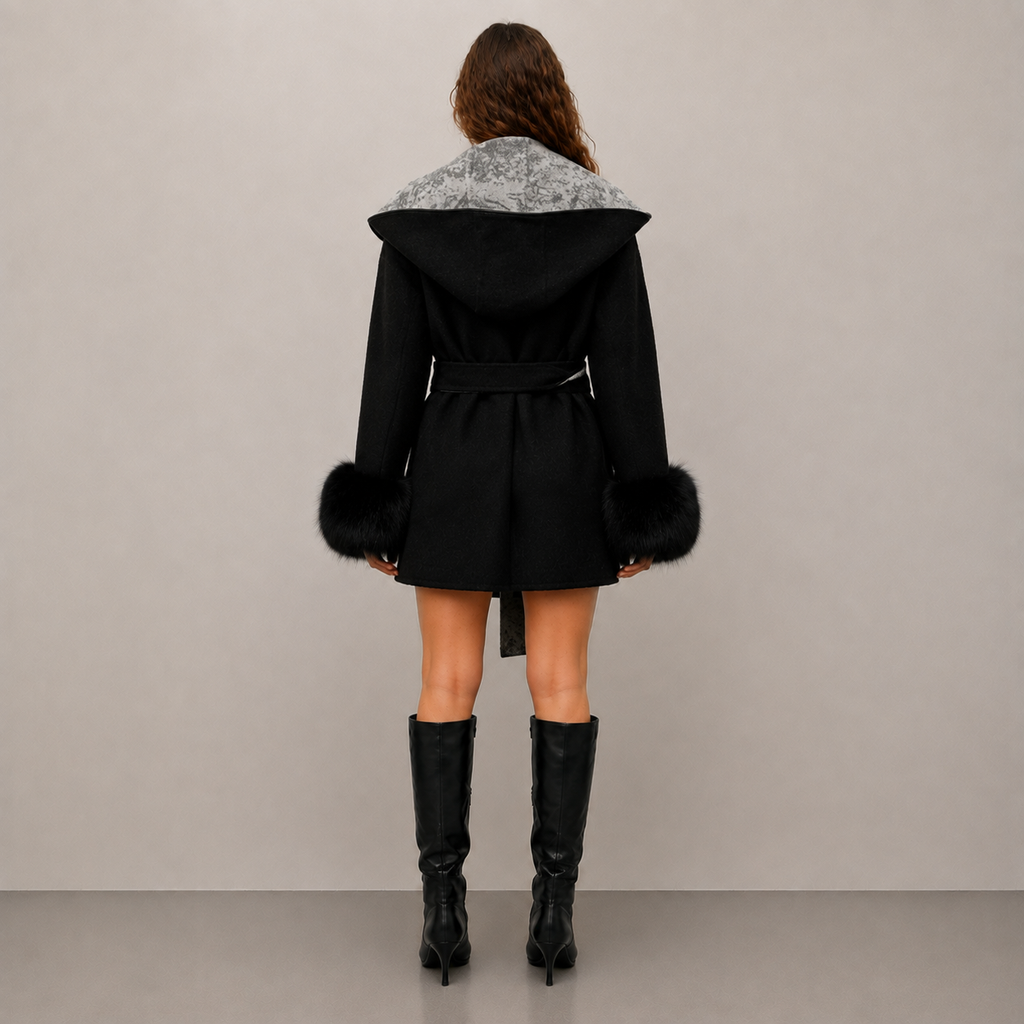 2026 New Women's Autumn/Winter Loose Fit with Cinched Waist, Lapel Collar, Detachable Fox Fur Trimmed Sleeves, Thick Outerwear L25122