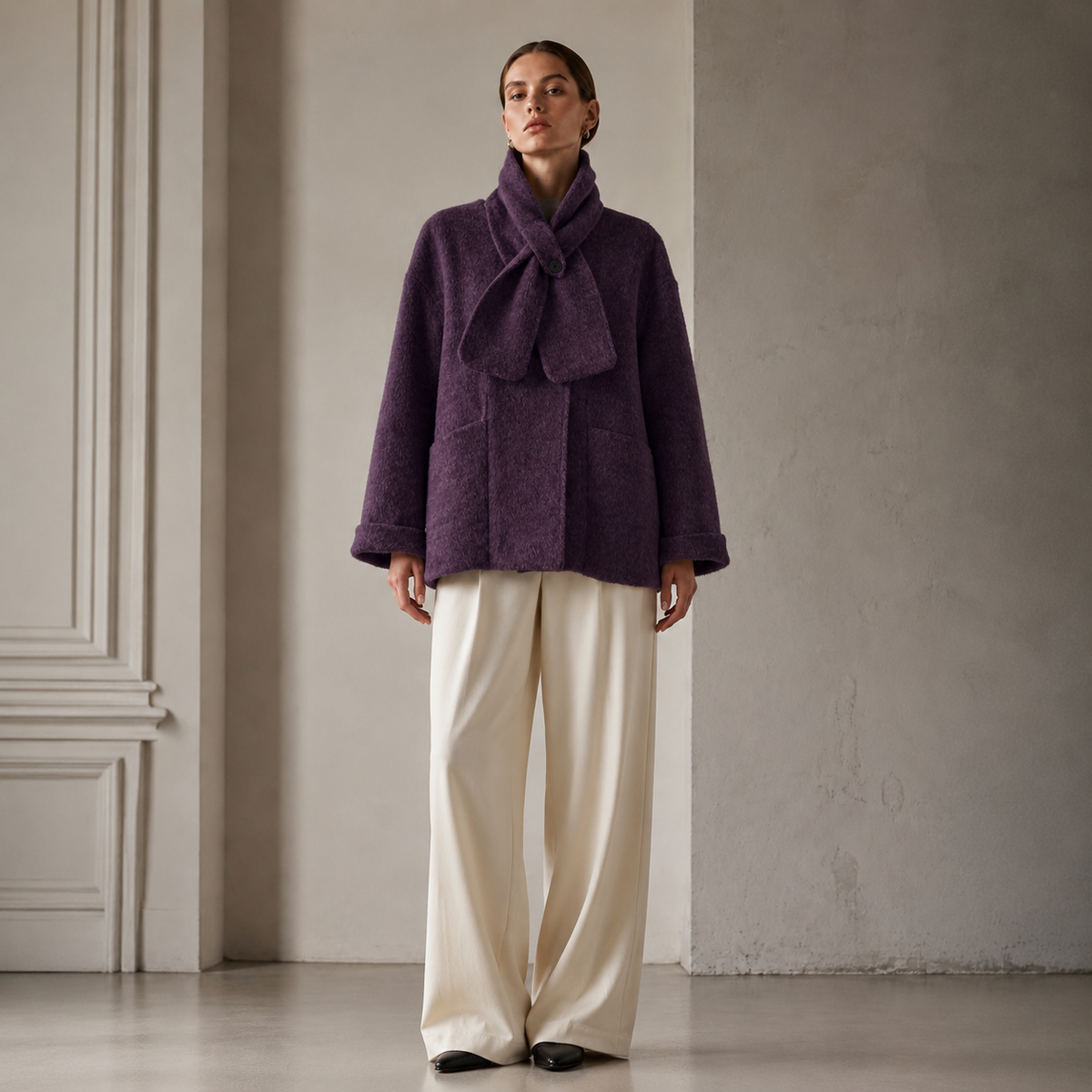 Women's Cashmere Coats with Scarf Collar Solid Color Full Sleeve Elegant Winter Coat GC0006