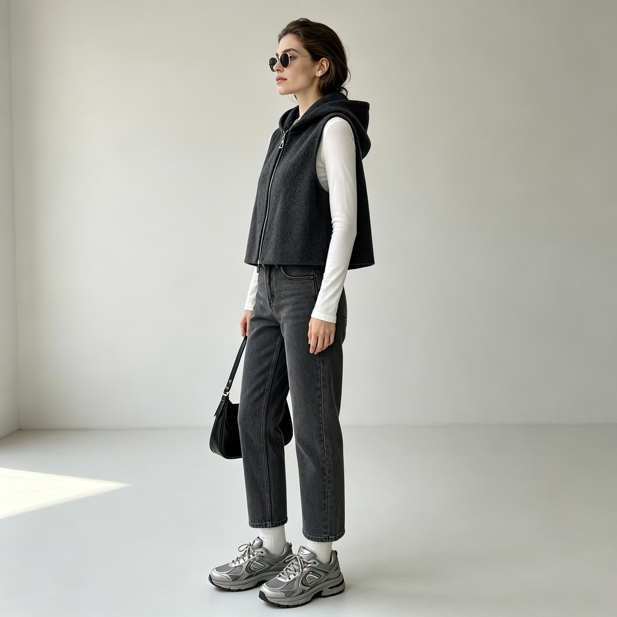 Ladies Woven Cashmere Wool Sleeveless Vest Autumn Double Face Hooded Normcore/Minimalist 8631