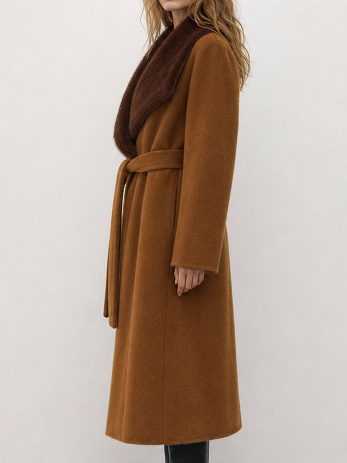Winter Women's Formal Casual Breathable Woolen Coat with Fur Hood Long Cashmere Belt Double Faced Hand Sewn 2kg H2676