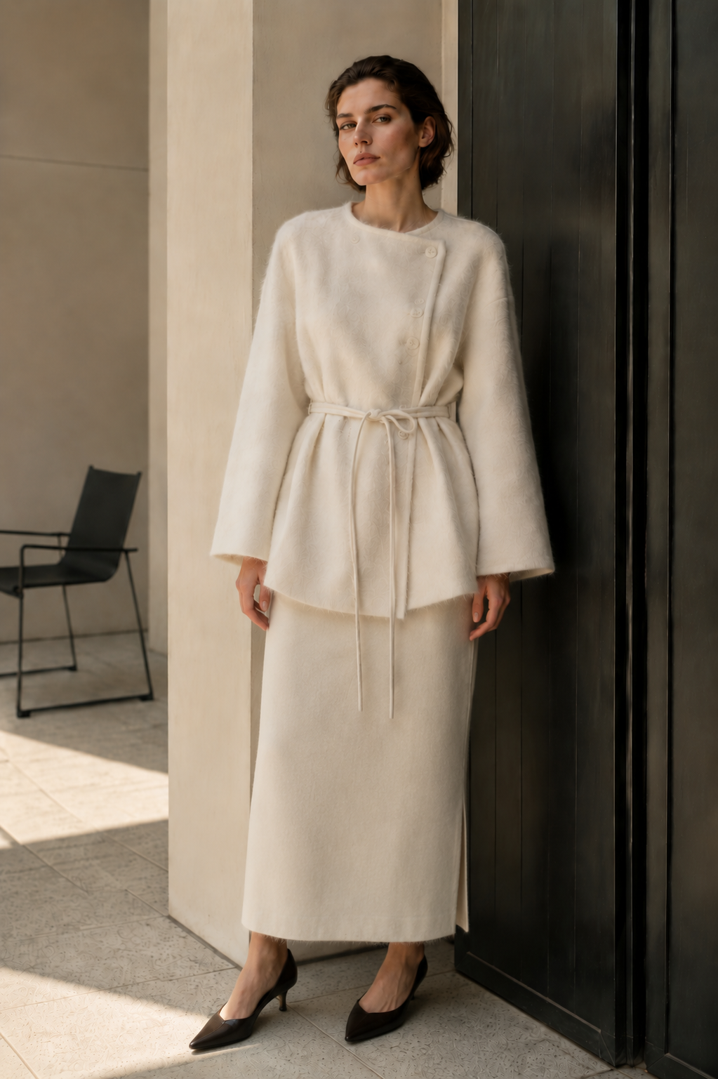 Women's Brushed Coats Wool Blend Belted Fuzzy Knit Jacket Asymmetric Button Quiet Luxury Coat GC0042