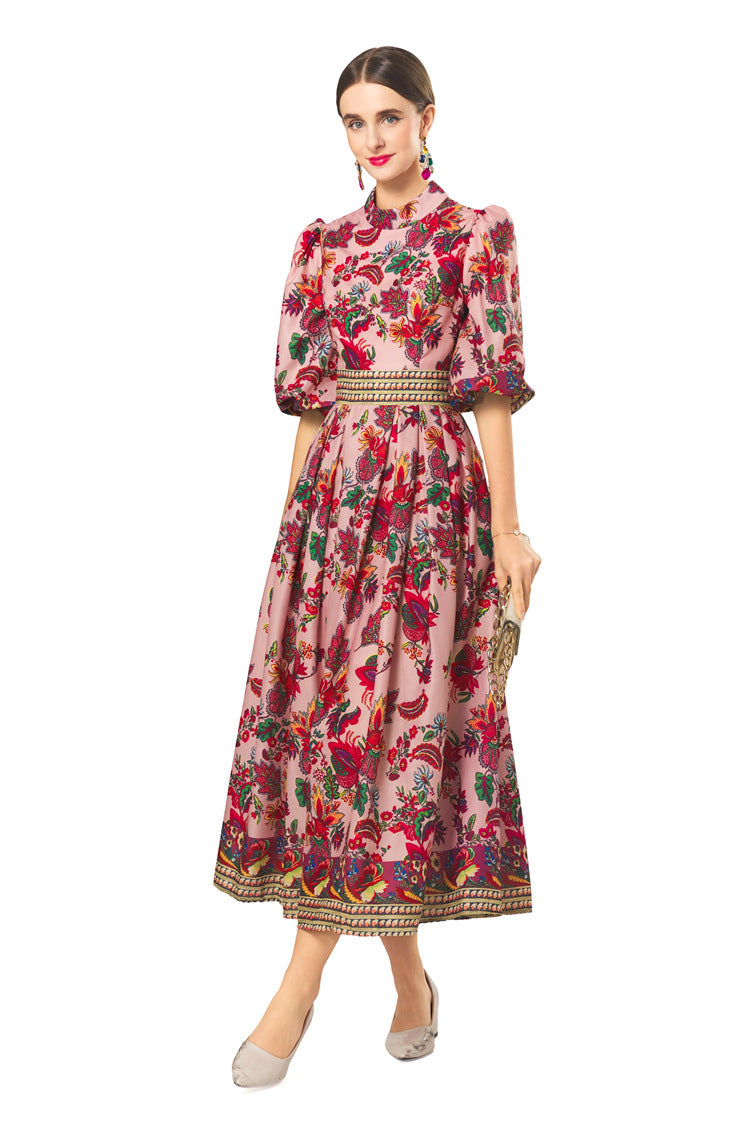 New Women Plus Size Dress, Premium Fabric Printed Cow Horn Shoulder Short Sleeve Slim Waist Dress