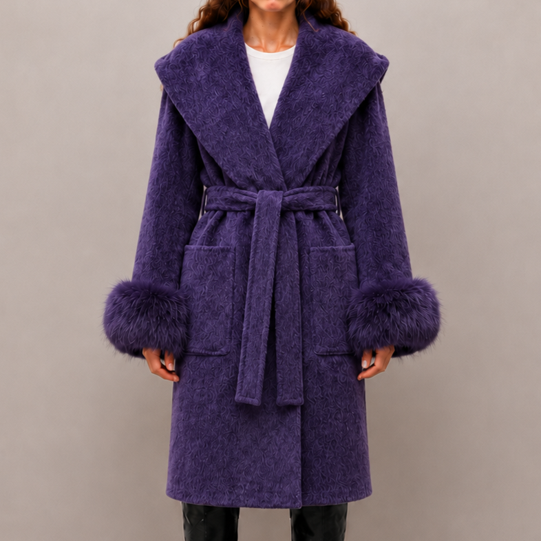 2026 New Women's Winter Wool Coat, Loose Fit with Cinched Waist, Lapel Collar, Detachable Fox Fur Trimmed Sleeves L26036