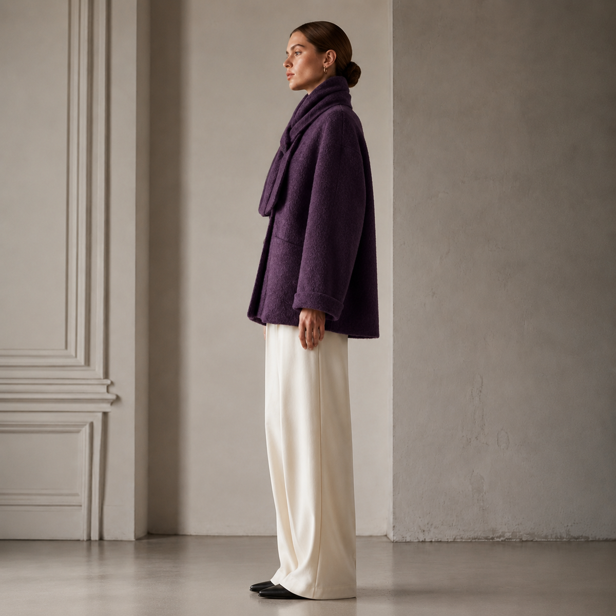 Women's Cashmere Coats with Scarf Collar Solid Color Full Sleeve Elegant Winter Coat GC0006