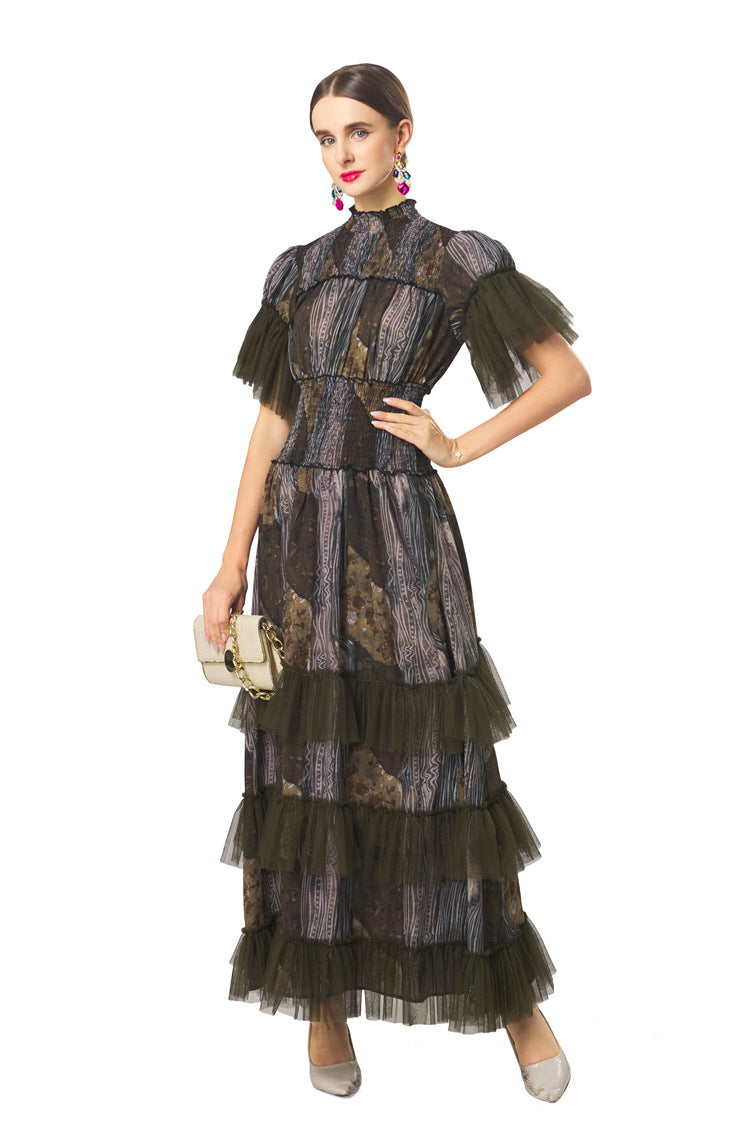 Plus Size Women Elegant Luxury Dress, Splice Mesh Stand Collar Waist Cinched Multi‑Layer Cake Skirt