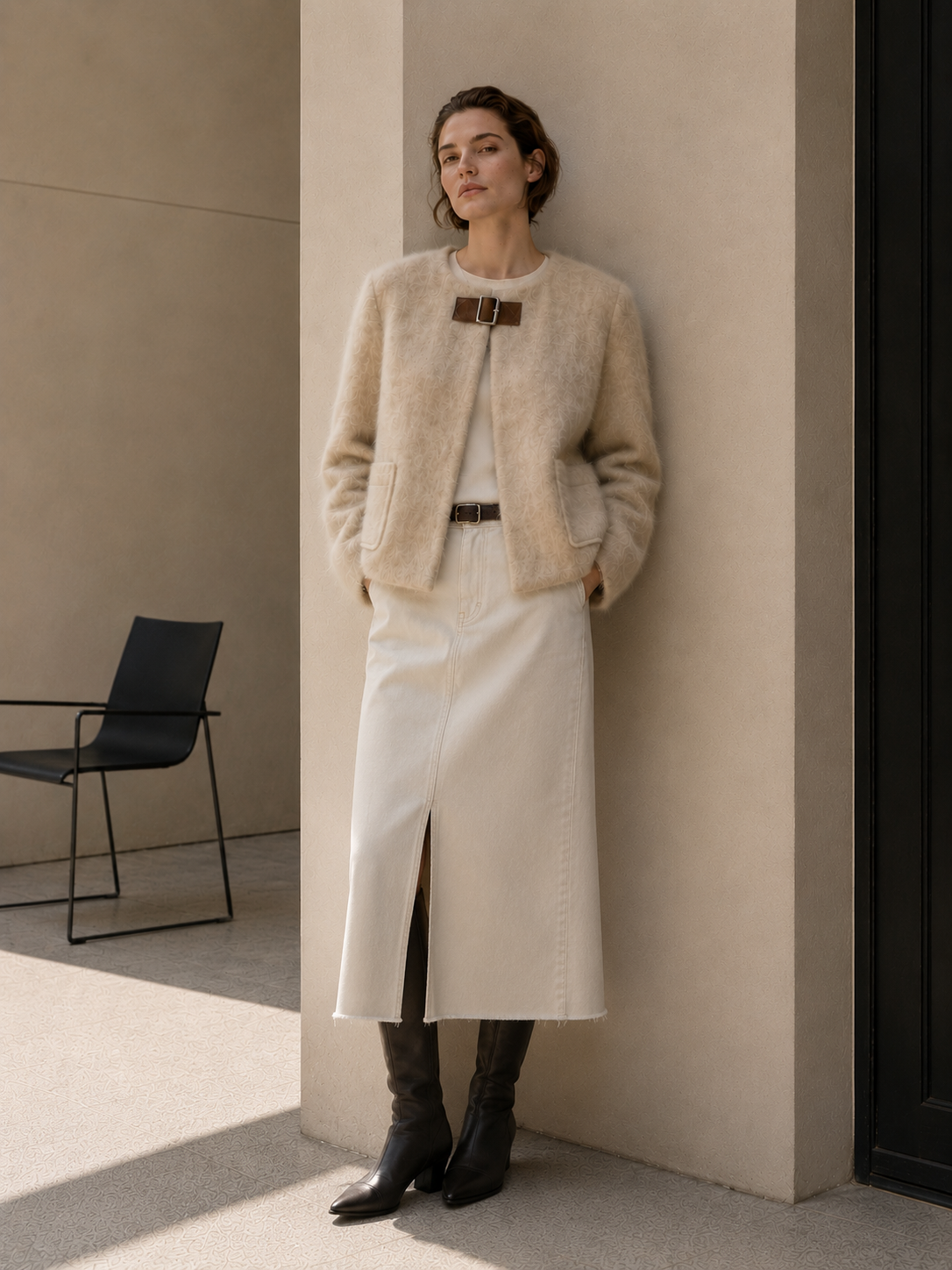  Women's Winter Woolen Collarless Mohair Blend Open Front Elegant Solid Color Full Sleeve Regular Length Jacket Leather Buckle GC0039