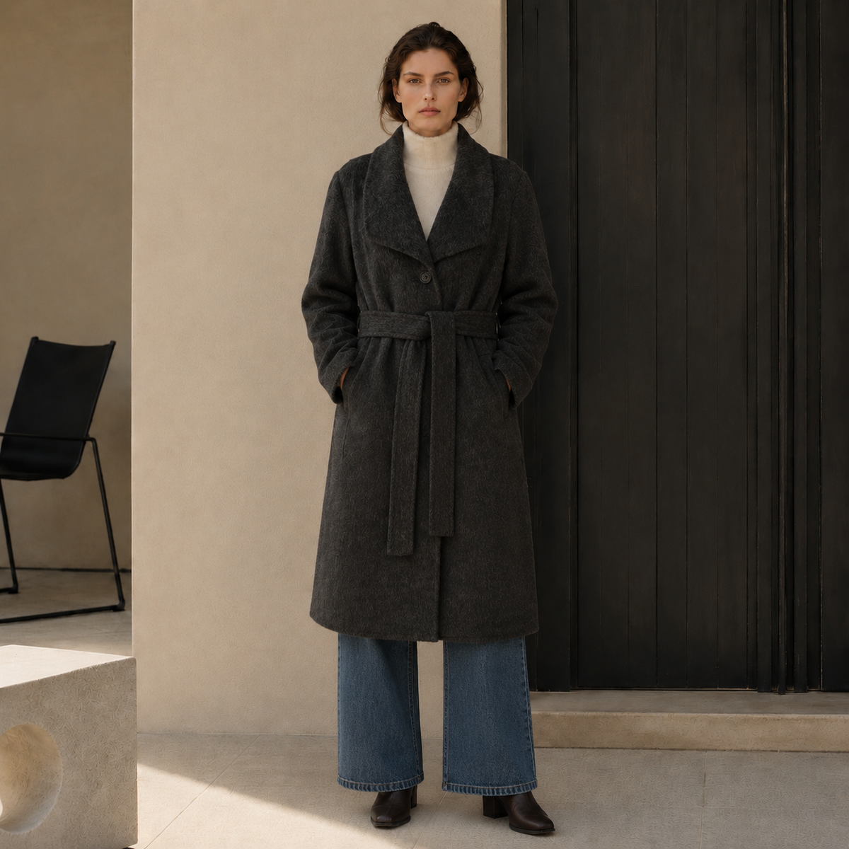 High Quality Vintage Fluffy Casual Women's Winter Overcoat Woolen Blend Breathable Full Sleeve Belt Closure GC0010