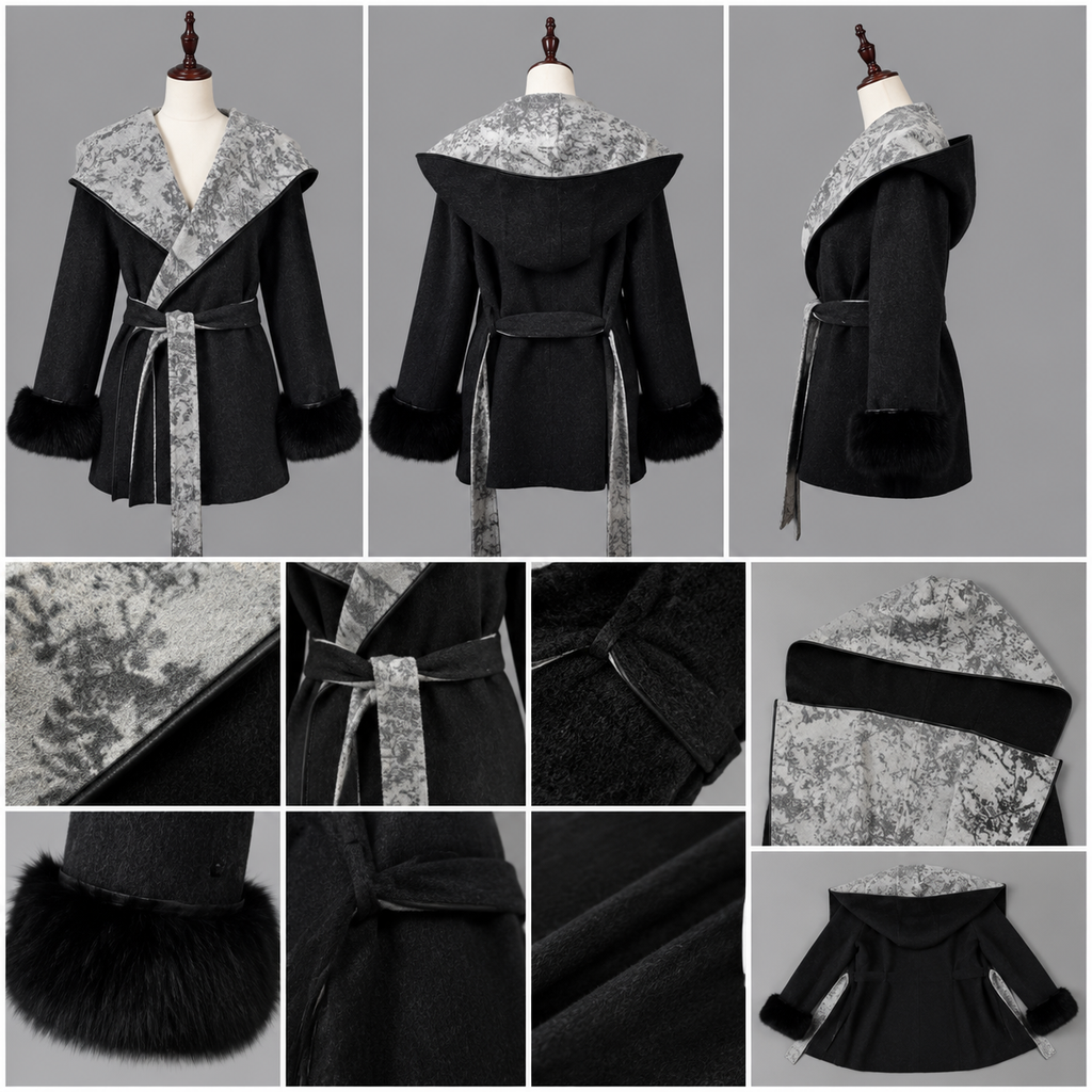 2026 New Women's Autumn/Winter Loose Fit with Cinched Waist, Lapel Collar, Detachable Fox Fur Trimmed Sleeves, Thick Outerwear L25122