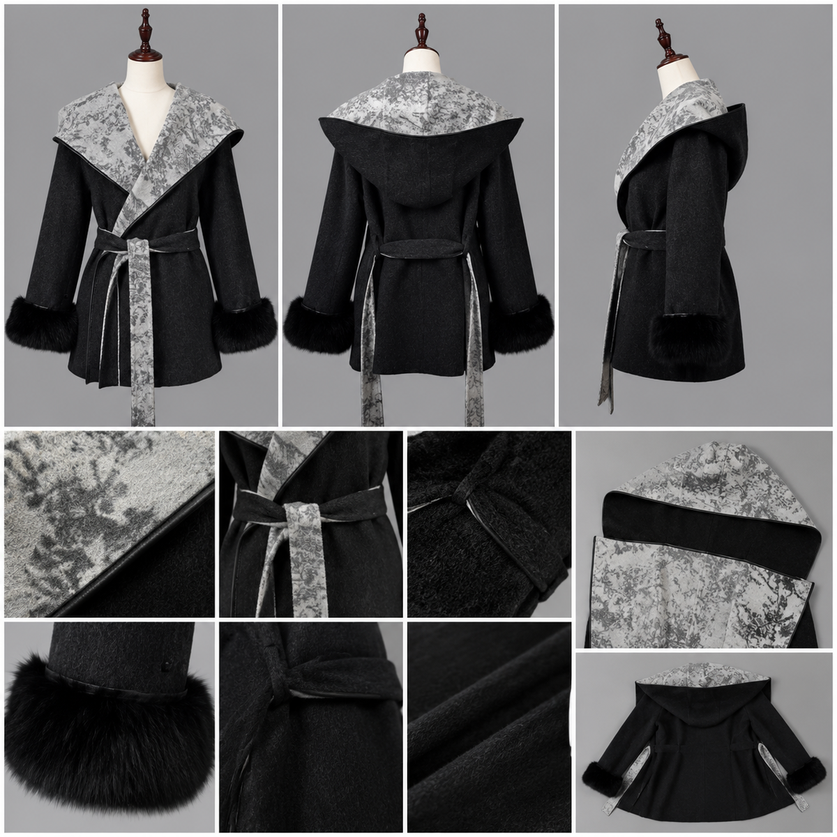 2026 New Women's Autumn/Winter Loose Fit with Cinched Waist, Lapel Collar, Detachable Fox Fur Trimmed Sleeves, Thick Outerwear L25122