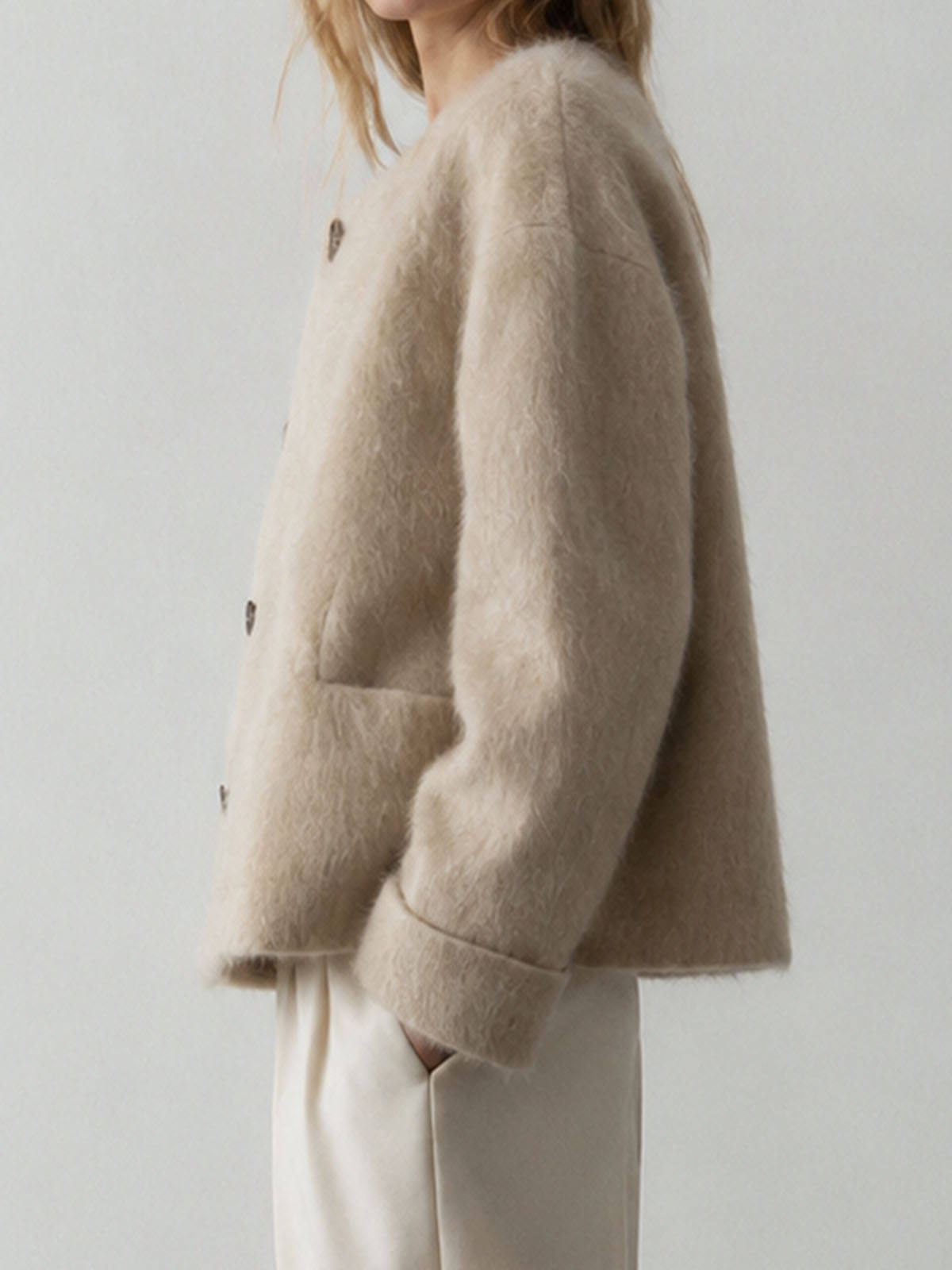Women's Brushed Wool Cashmere Blend Elegant Single Breasted Button Collarless Winter Jacket Soft Hairy Texture GC0037