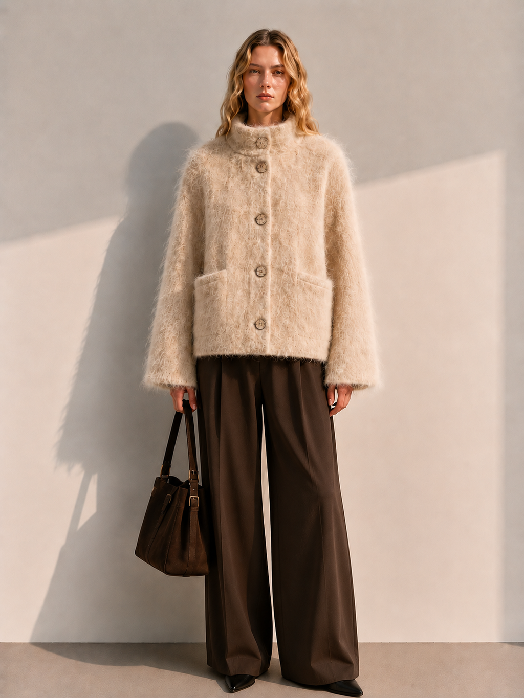 Single Breasted Stand-collar Hand-sewn Thick Casual Solid Color Womens Woolen Coat Single-faced Cashmere Winter Full Sleeve GC0035