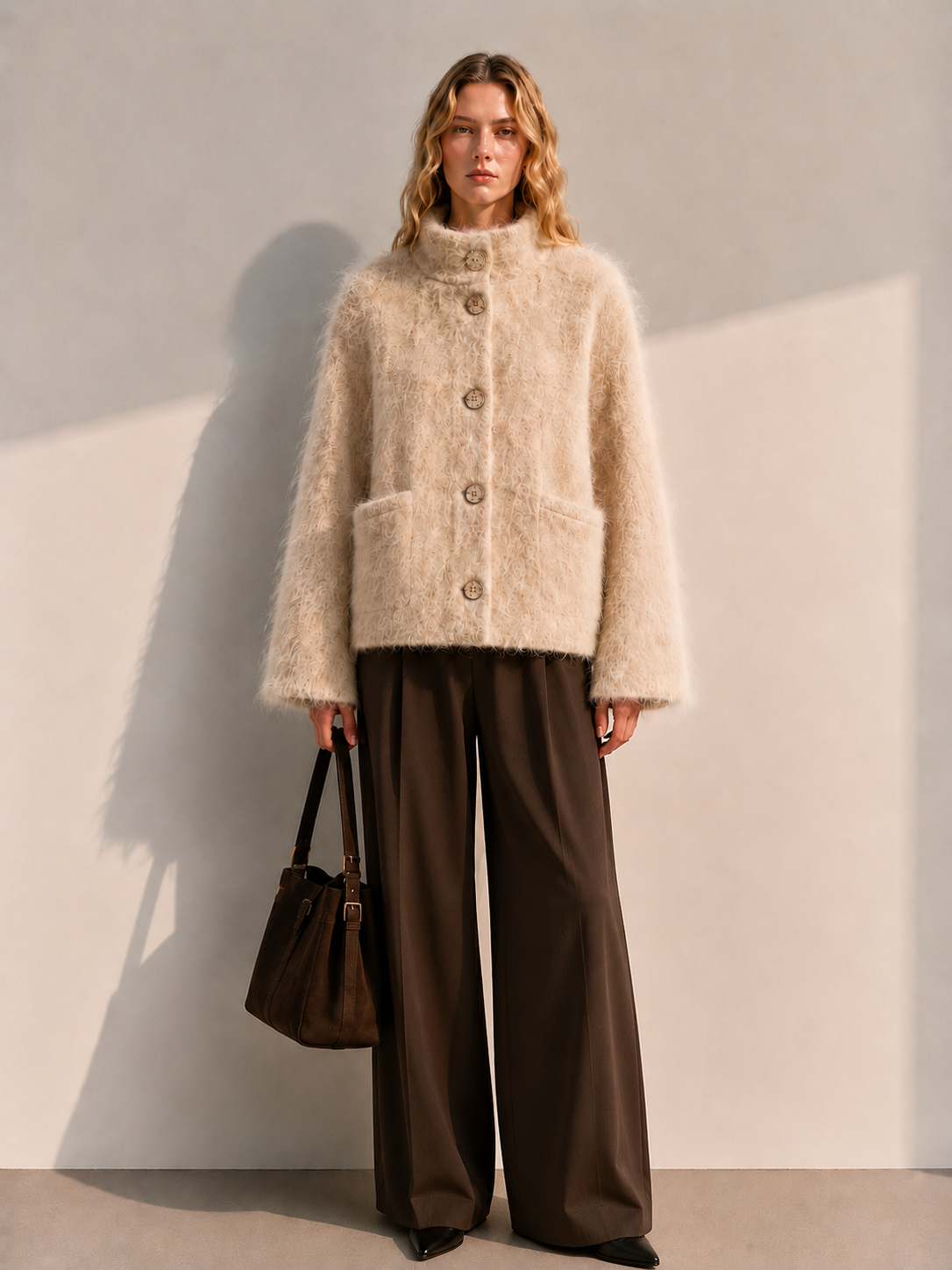 Single Breasted Stand-collar Hand-sewn Thick Casual Solid Color Womens Woolen Coat Single-faced Cashmere Winter Full Sleeve GC0035