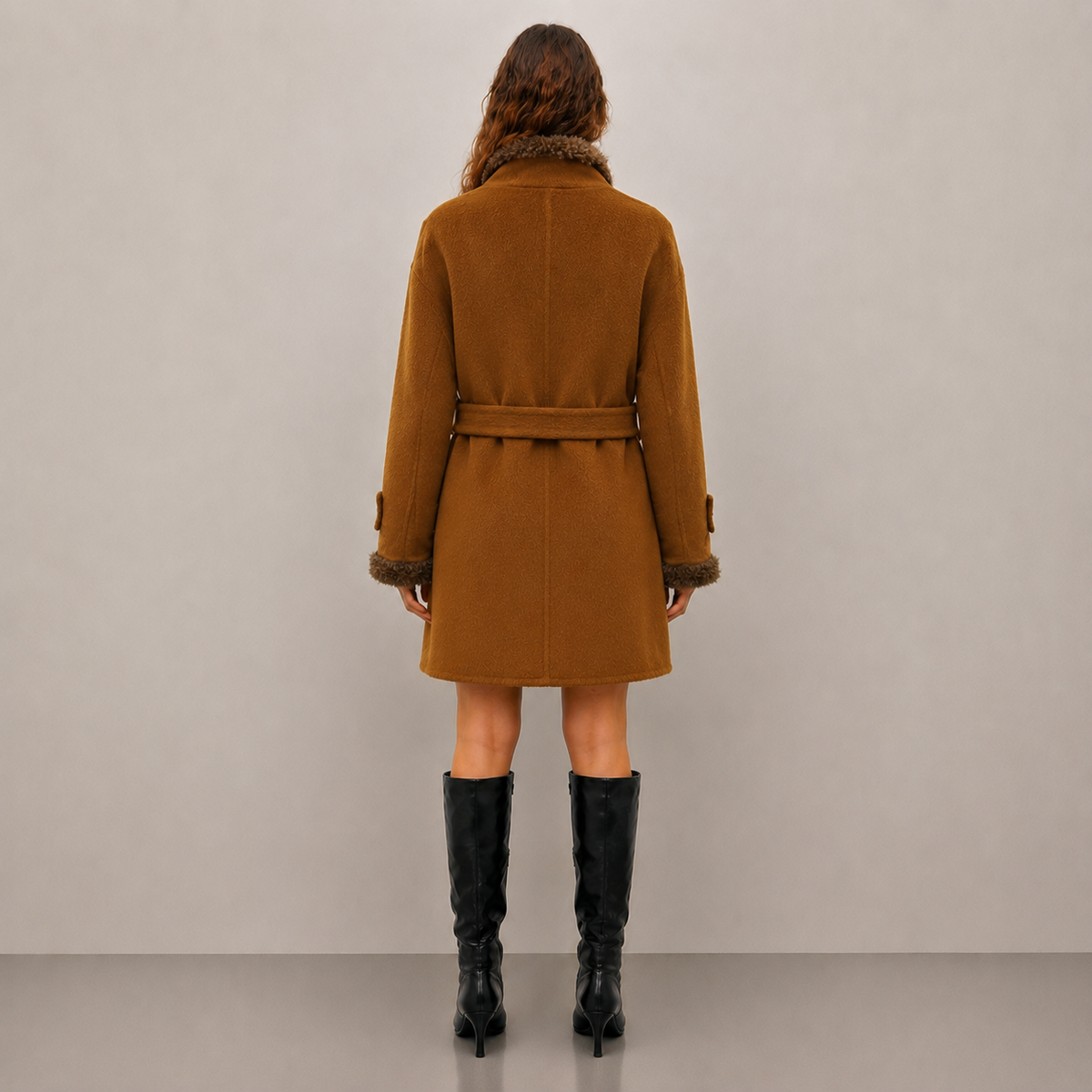 Women's Wool Woven Coat with Belt Closure Breathable Stand Collar Midi Length Casual Winter Designer Clothing H2751