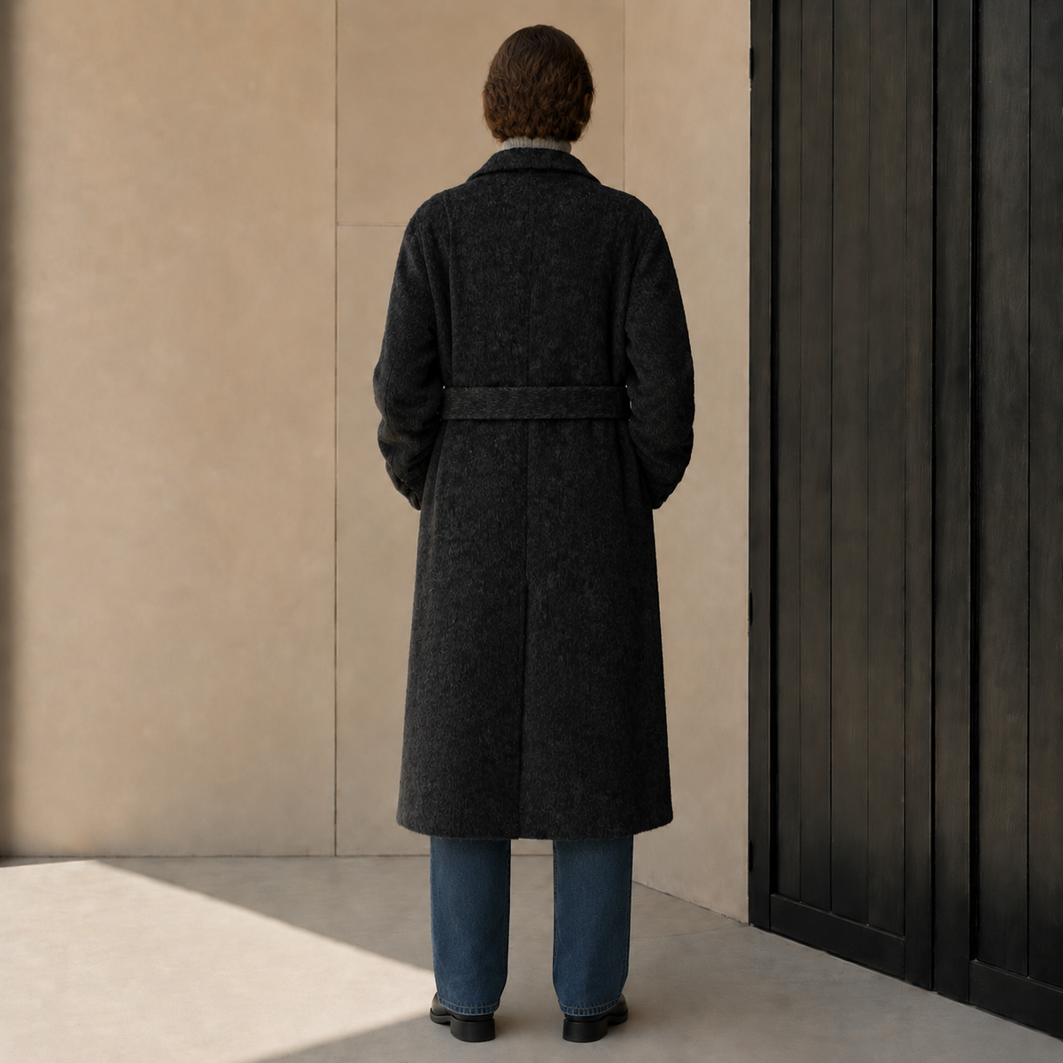 Women's Elegant Charcoal Belted Woolen Eco-Friendly High Street Regular Down Overcoat Turn-down Collar Winter Outerwear GC0012