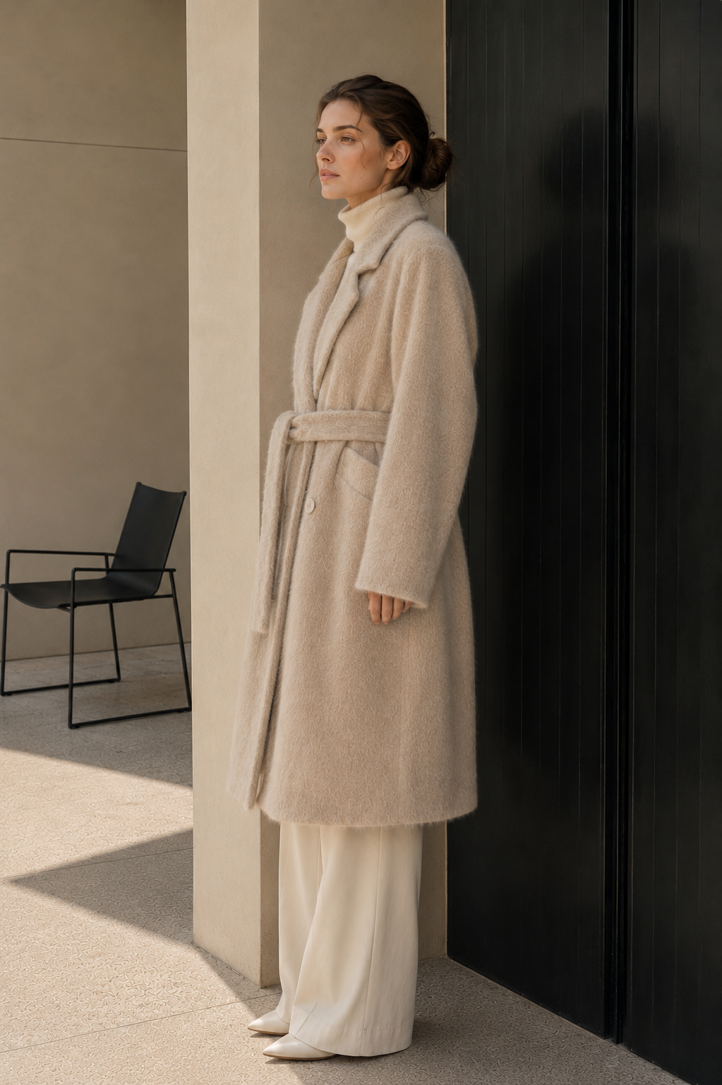 Women's Winter Vintage Woolen Cashmere Alpaca Blend Double Breasted Belted Coat Elegant Regular Overcoat Solid Pattern Made GC0048
