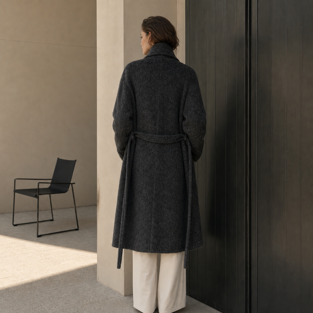 Women Single Button Long Overcoat Charcoal High Street Elegant Winter Fashion Coat with Scarf Wool Down Filled GC0027