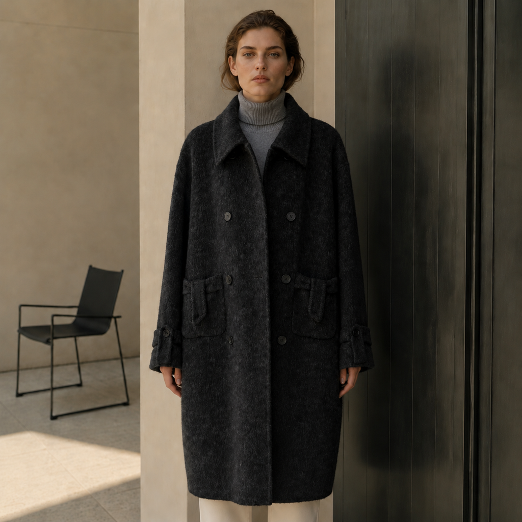 Women's Eco-Friendly Winter Double Breast Woolen Overcoat Casual Solid Long Coat Filled Cotton Lined Polyester Button Detail GC0019