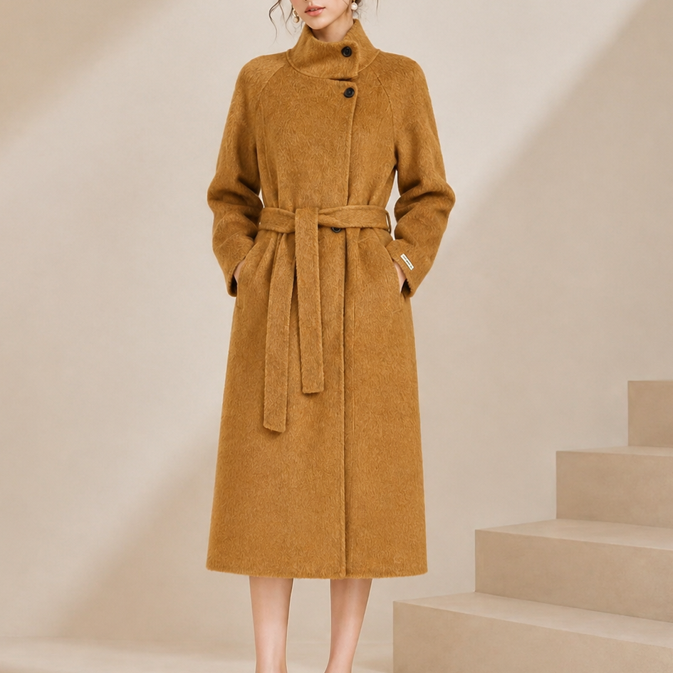 New Arrival Winter Women's Korean Style Casual Wool Stand Collar Belted Long Coat Apparel Stock 2562