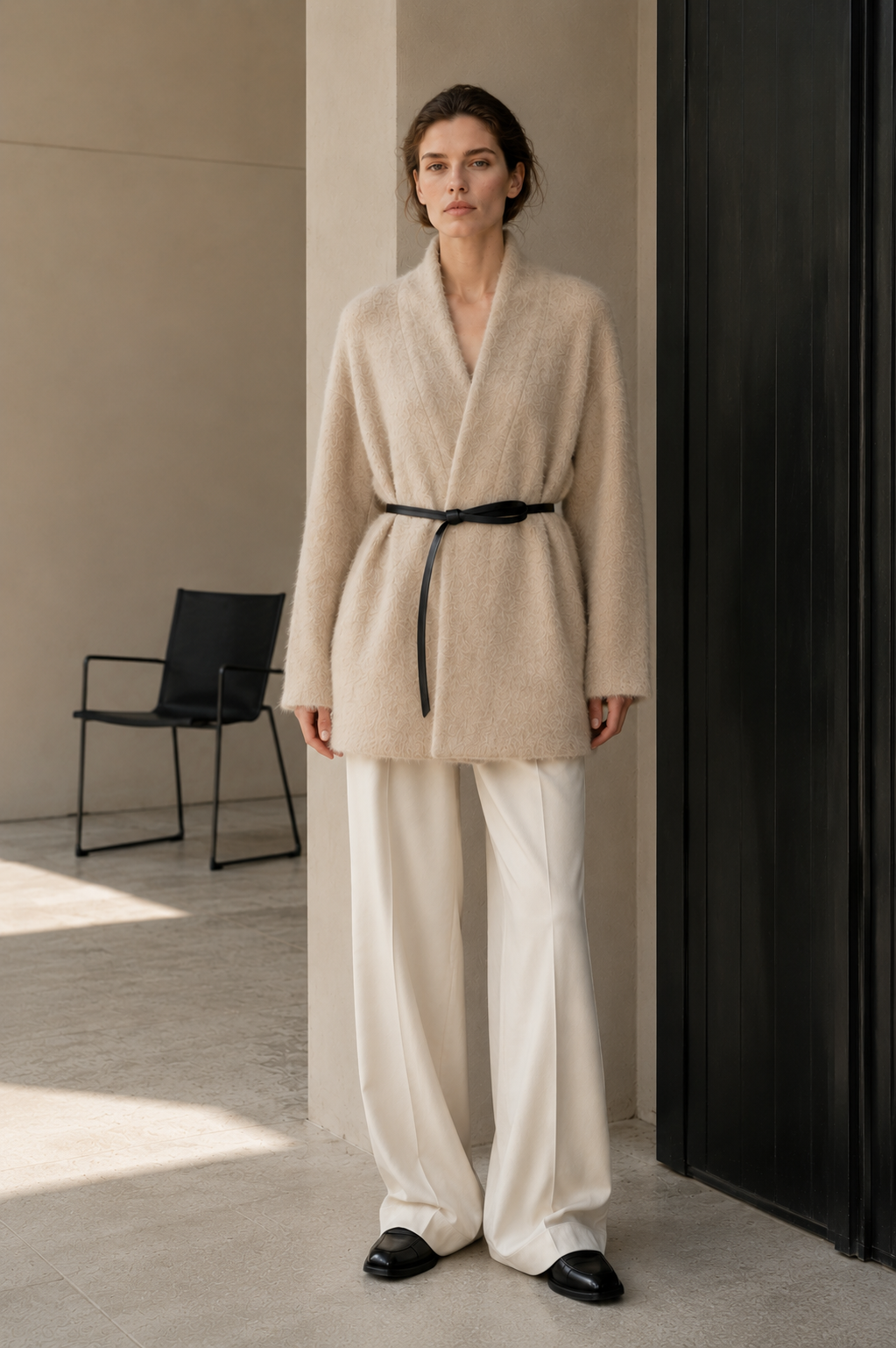 Women's Winter Wool Blend Fuzzy Thick Solid Color Hand-sewn Coat Belted Long Hair Minimalist Luxury Outerwear GC0044