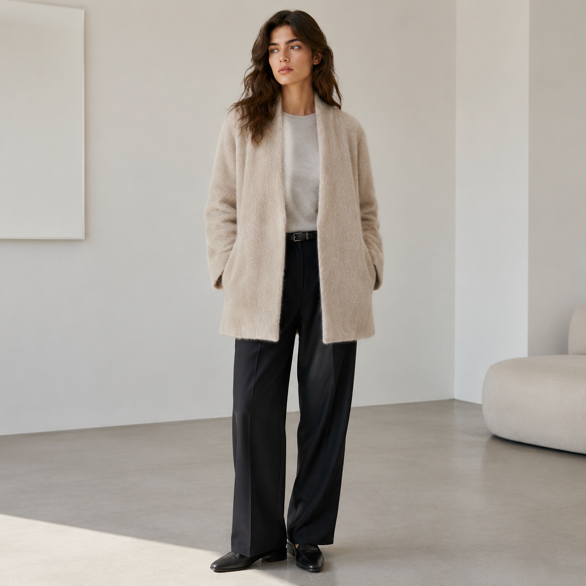 Women's Alpaca Blend V-neck Casual Open Front Brushed Wool Coat with Long Hair Winter GC0043