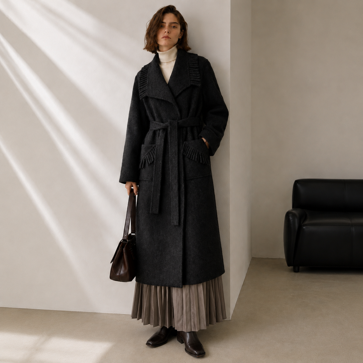 Women's Belted Cashmere Wool Blend Long Coat with Pleated Detail Elegant Winter Overcoat Hand Sewn GC0007