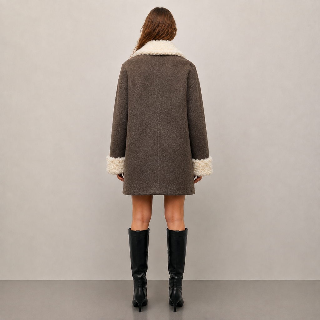 Women's Autumn Mid-Length Wool Coat with Shearling Collar, Reversible Double-Faced Wool Jacket J2613