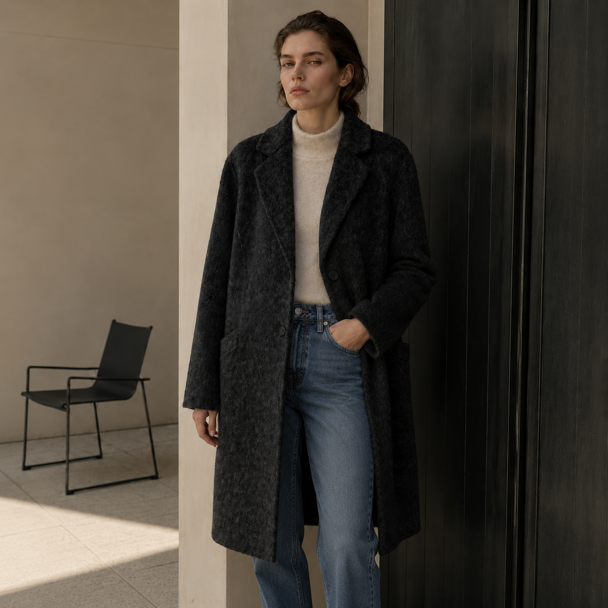 Women's Long Woven Coat Warm Windproof Button Collar Pocket Winter Fashion Casual Design Single Button for Office Lady GC0025