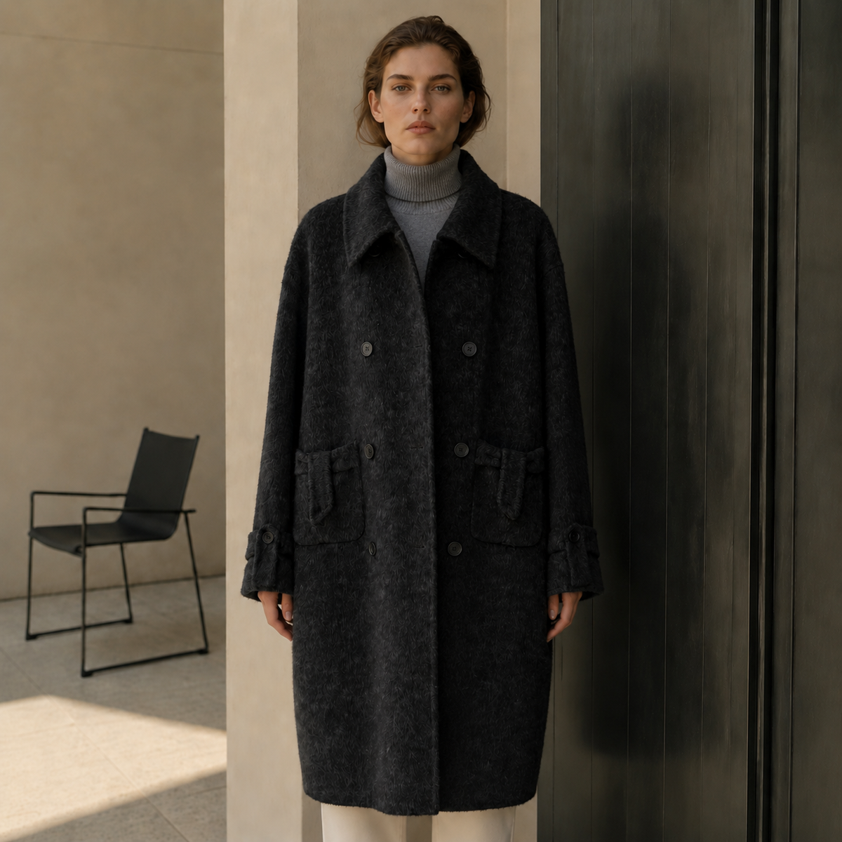Women's Eco-Friendly Winter Double Breast Woolen Overcoat Casual Solid Long Coat Filled Cotton Lined Polyester Button Detail GC0019