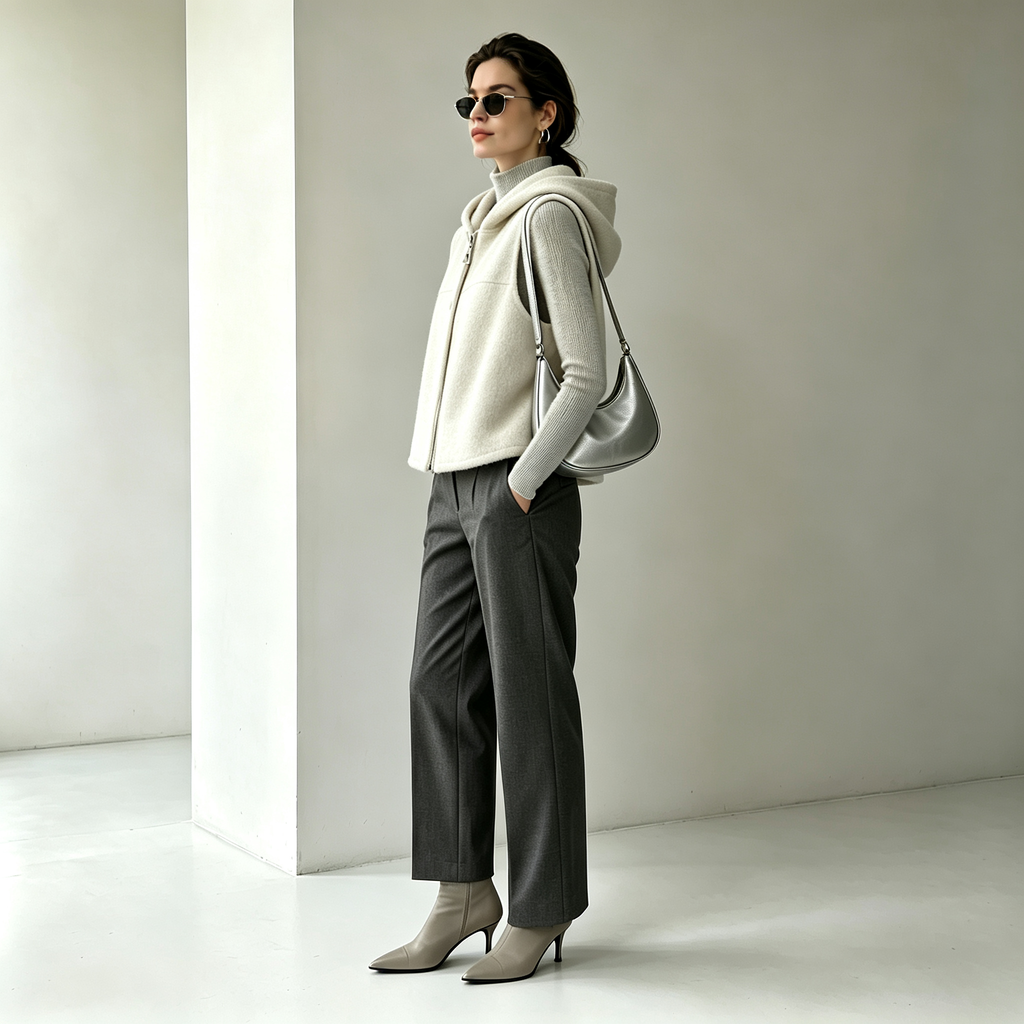Ladies Woven Cashmere Wool Sleeveless Vest Autumn Double Face Hooded Normcore/Minimalist 8631